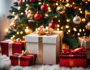 Festively wrapped gifts surrounded by colorful Christmas balls under a beautifully decorated spruce tree during the joyous New Year season. Generative AI