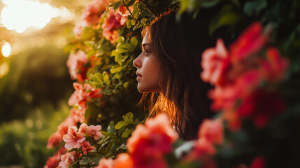 A woman surrounded by vibrant flowers at sunset, capturing a serene moment in a lush garden setting