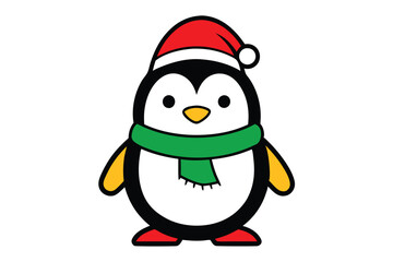 Cute Penguin Outline in Santa Claus Hat Vector on White Background
