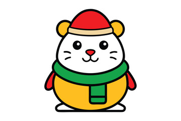 Outline of a Cute Hamster in Santa Claus Hat Vector Illustration