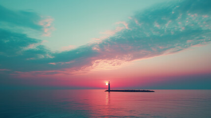 a pastel-colored sky above the lighthouse in the sea