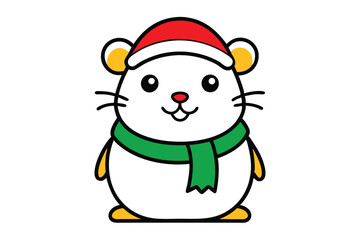 Adorable Hamster in Santa Claus Hat and Scarf Vector Outline