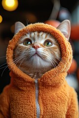 Portrait of a dressed up funny cat in a yellow knitted hat and scarf is looking up. An autumn cat in a cozy atmosphere