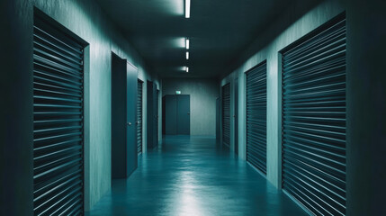 Fototapeta premium Dimly lit storage unit corridor with rolling doors at night, showcasing an empty and eerie atmosphere in a modern facility