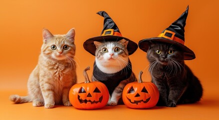 Three cute cats in Halloween costumes sitting with pumpkins on orange background, copy space concept for halloween party 