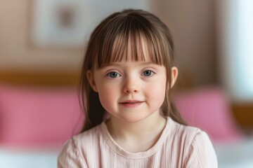 Portrait of a down syndrome young girl smiling with brown hair in a natural setting.