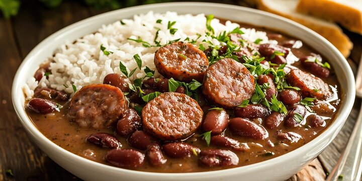 bowl of red beans and rice with sausage classic food photography