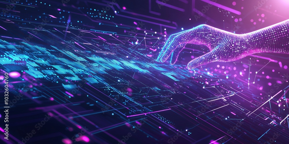 Poster digital hand reaches out to interact with glowing screen technology background