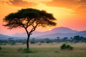 Serene African Sunset: Majestic Tree Silhouetted Against Vibrant Sky and Rolling Hills