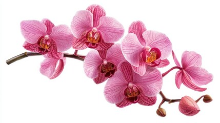 Pink orchid flower branch, white isolate background