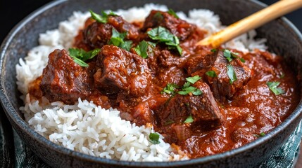 hearty bowl of beef stew with rice and herbs food photography