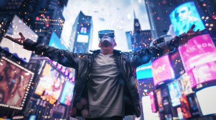Obraz premium Virtual Reality Experience in Vibrant Urban Cityscape. Generative ai