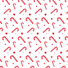 Red And White Striped Candy Canes with Stars Pattern Illustration For Christmas And New Year Celebrations. Graphic Design Element For Holiday Decorations, Wrapping Paper, Wallpapers, Seasonal Poster.