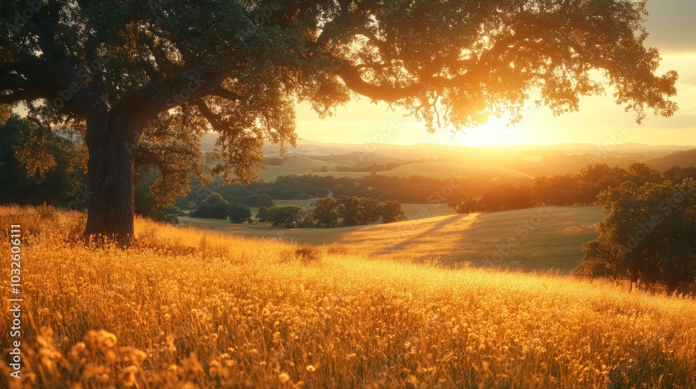 Aufkleber a large oak tree stands majestically in the foreground as the sun rises, casting a warm glow over a 