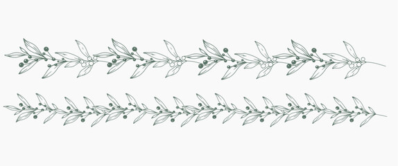 Set of Hand Drawn Christmas Botanicals with winter greenery, poinsettia, holly, mistletoe, pine, cone. Winter Plants Outline. Christmas Design. Christmas Floral Design. Winter Holiday Decor.