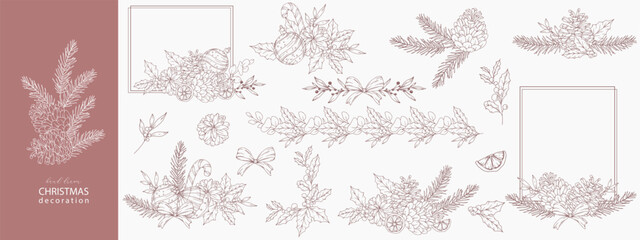 Set of Hand Drawn Christmas Botanicals with winter greenery, poinsettia, holly, mistletoe, pine, cone. Winter Plants Outline. Christmas Design. Christmas Floral Design. Winter Holiday Decor.