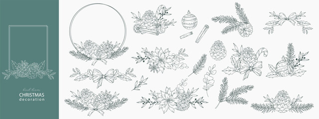 Set of Hand Drawn Christmas Botanicals with winter greenery, poinsettia, holly, mistletoe, pine, cone. Winter Plants Outline. Christmas Design. Christmas Floral Design. Winter Holiday Decor.