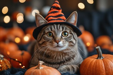 Portrait of a dressed up funny cat in a yellow knitted hat and scarf is looking up. An autumn cat in a cozy atmosphere