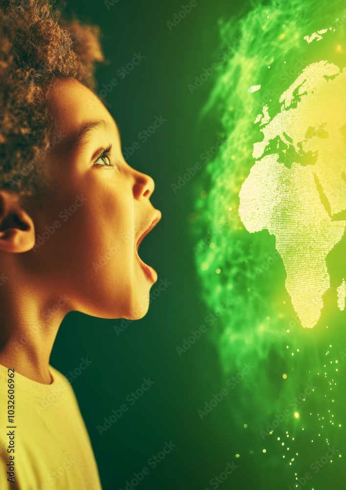 Aufkleber Enthralled Child Explores Holographic Map in Innovative Educational Setting