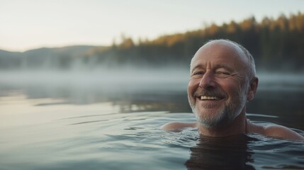 Serene Senior Man Enjoying Peaceful Swim in Misty Lake at Sunrise