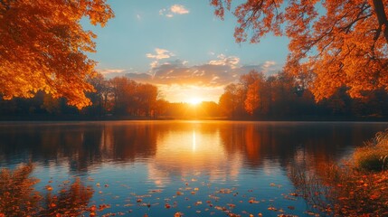 Obraz premium Golden sunlight casts a warm glow over the tranquil lake, with vibrant autumn leaves reflecting on the water's surface in a serene park.