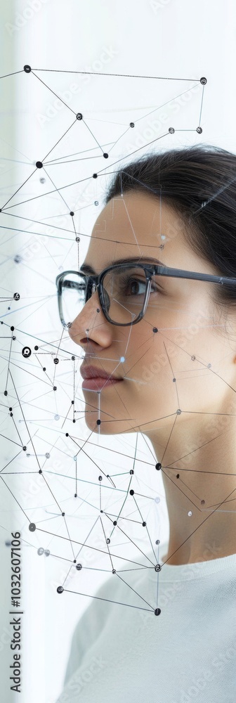 Poster futuristic vision female engineer immersed in innovative technology with ai network overlay