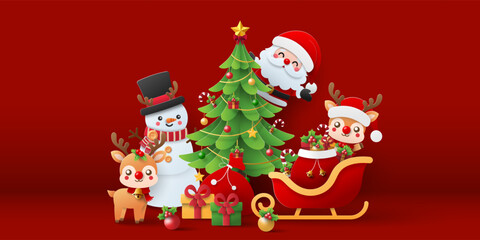 Christmas banner, A festive celebration around the Christmas tree with Santa Claus and friend.