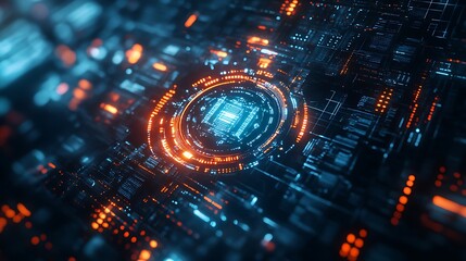 A holographic logo emerging from a dark void, with surrounding light particles and ample space for text 