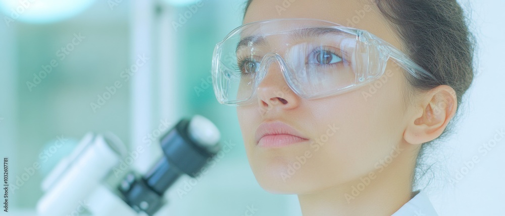 Poster determined scientist in lab attire conducting research with advanced equipment