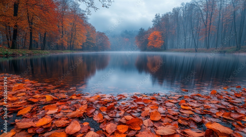 Poster vibrant orange leaves rest on the water's edge, reflecting the autumn colors in a serene lake surrou