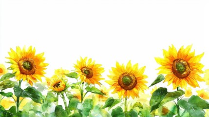 Sunflowers in a garden, vivid colors on a white background.