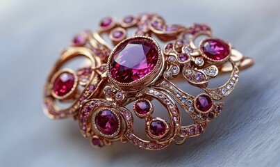 Gold ring with ruby and diamond accents.