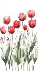 Red tulips with green leaves, white isolated background.