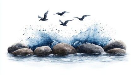 Rocks and splashing water with flying birds, white isolate background
