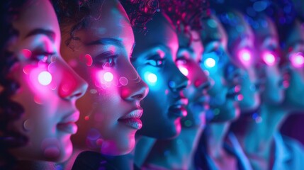 Futuristic Portrait of diverse individuals with Neon Lighting and Digital Effects for Modern Design. Generative ai