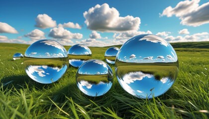 A surreal landscape of floating glass spheres, reflecting the sky and clouds as they drift lazily over a grassy plain, creating a dreamlike vision, Generative AI