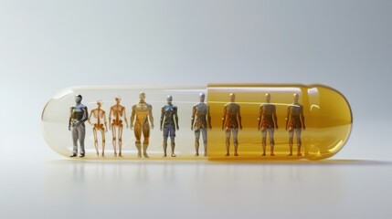 Fototapeta premium Transparent capsule containing human figures depicting various stages of anatomical evolution. Medical Concept for Healthcare and Education. Generative ai