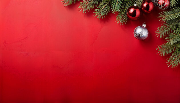 red empty background with christmas baubles and fir branches