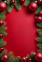 red empty background with christmas baubles and fir branches