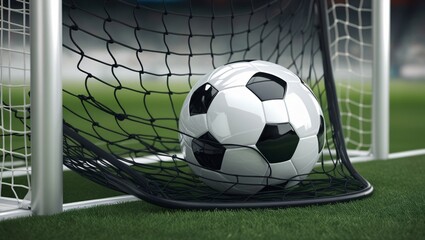 A soccer ball resting inside the net of a goalpost, captured right after a goal, with the net slightly stretched.