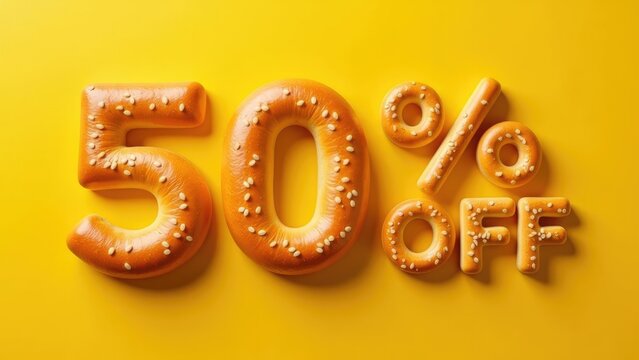 Assorted bakery products arranged as 50 off sale on yellow background