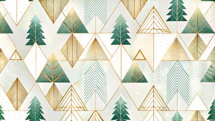 minimalistic pattern with christmas trees  green and gold, white background, New Year 