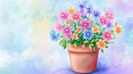 Hand-drawn flower pot with blooming pastel flowers showcasing vibrant colors and delicate petals on a soft background