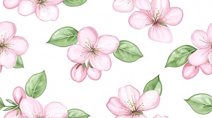 Elegant Floral Pattern Featuring Pink Blossoms and Green Leaves