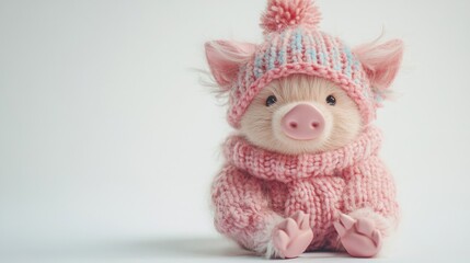 A cute pink pig wearing a pink knitted hat and sweater, sitting on a white background.