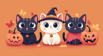 Obraz premium three cute cats sitting together in front of orange background, dressed up for halloween with witch hat and pumpkins