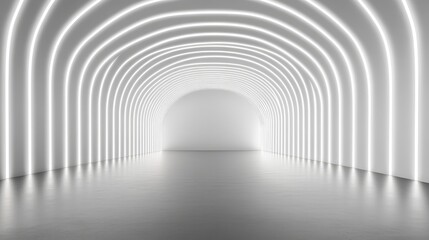 Obraz premium A minimal 3D space with glowing white lights, geometric walls, and a futuristic tunnel design, showcasing a modern stage floor in a clean, tech-inspired environment.