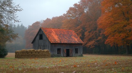 A charming wooden barn stands amidst a field surrounded by colorful autumn trees. Hay bales are stacked nearby, enhancing the tranquil rural atmosphere on a foggy morning.