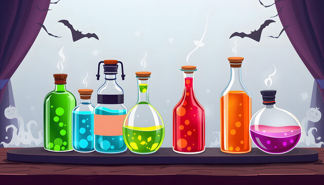 Halloween decoration with magic potions. Colorful glass bottles on the table with copy space for your text. Halloween concept isolated with white highlights, png