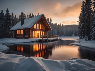 Fototapeta premium A cozy winter cabin covered in snow, with a warm light glowing from the windows, surrounded by pine trees and a frozen lake